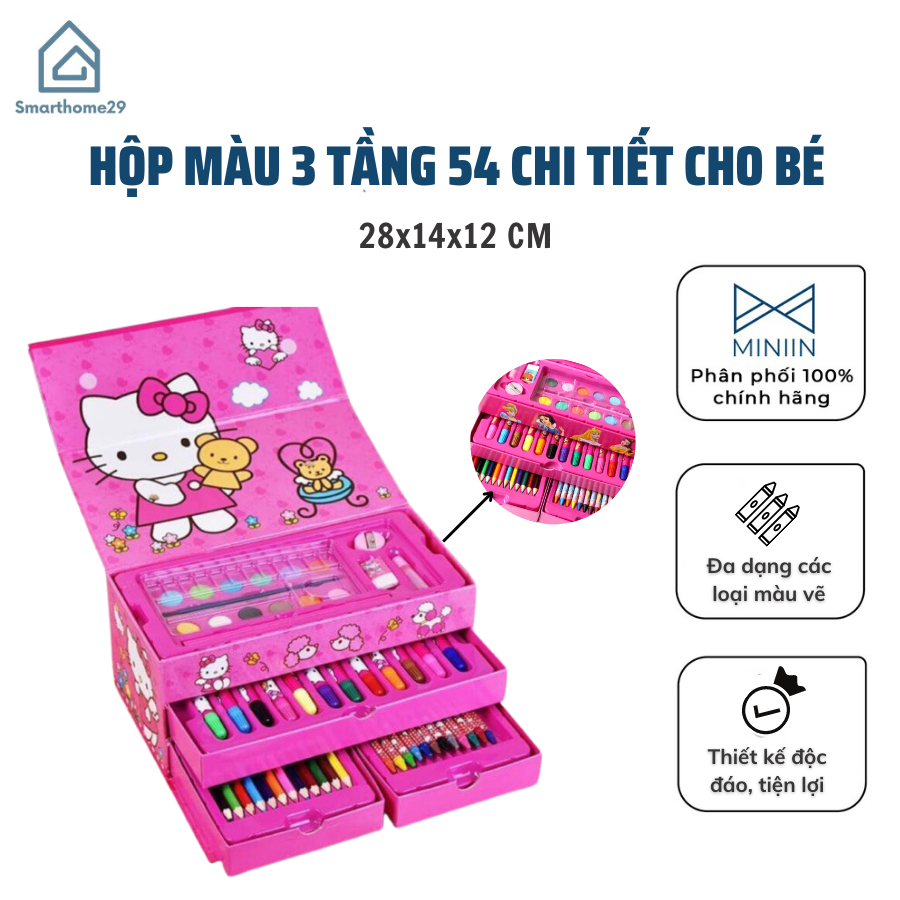 Hộp Màu 3 Tầng 54 Chi Tiết Gồm Màu Sáp, Chì Màu, Màu Dạ, ... Cho Bé Tập Tô, Tập Vẽ, Tăng Khả Năng Sáng Tạo - Chính hãng MINIIN