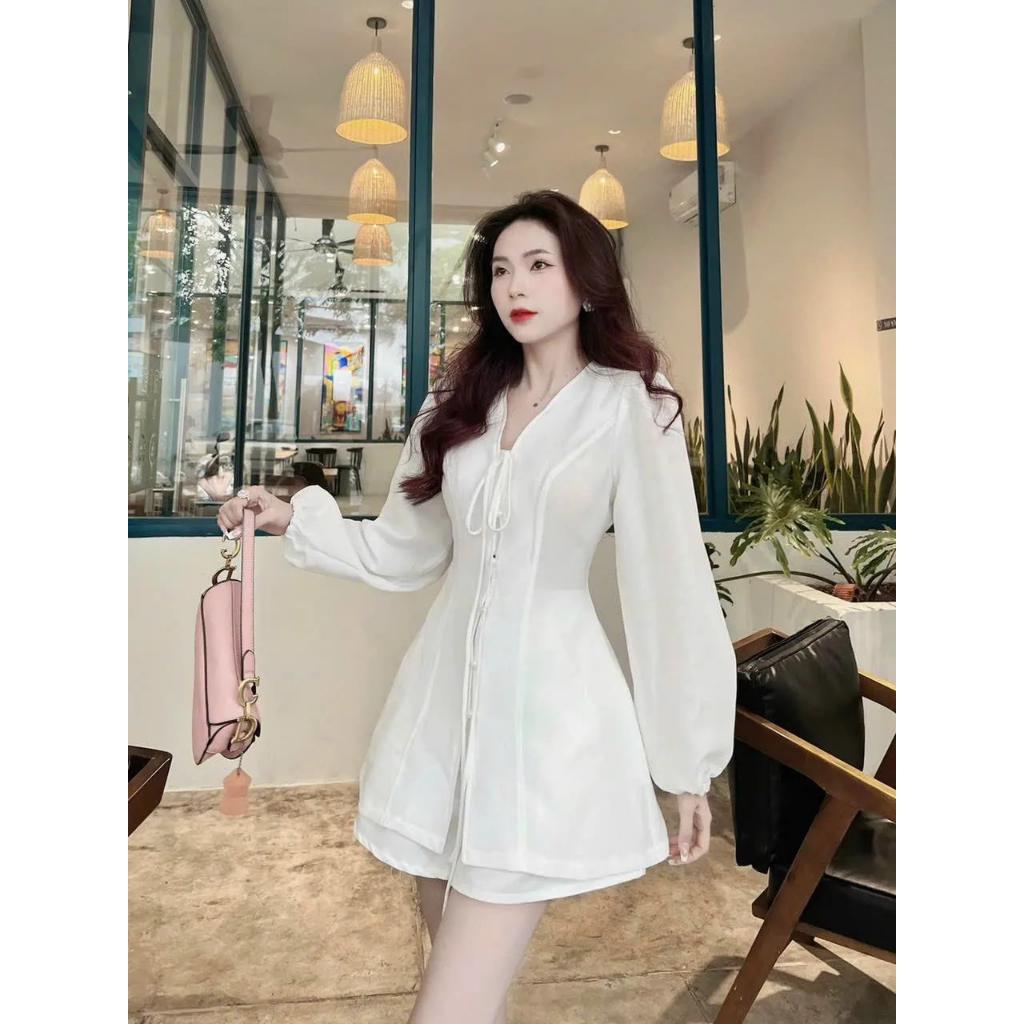 Set Bộ Đùi Cotton lạnh thời trang nữ tay dài mặc đi chơi cổ V tiểu thư cột dây tay phồng màu trắng
