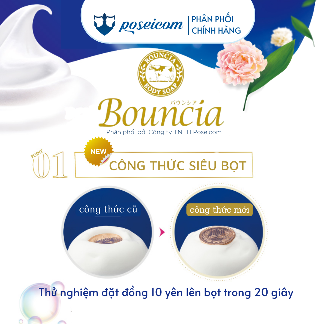 Sữa Tắm Bouncia Body Soap Cow dưỡng ẩm sáng sa chiết xuất từ sữa bò Hương Hoa Hồng siêu tạo bọt 500ml