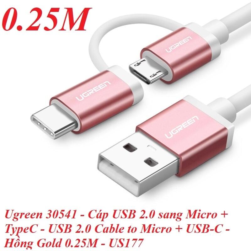 Ugreen UG30541US177TK 0.25M màu Hồng Cáp USB-A sang Micro USB + USB-C cao cấp - HÀNG CHÍNH HÃNG