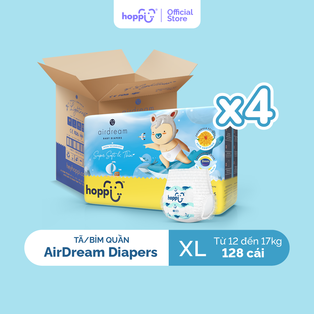 Thùng 4 Gói Tã / bỉm quần Hoppi AirDream Diaper số lượng M 176 / L 152 / XL 128 / XXL 112 miếng