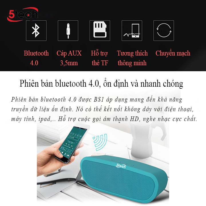 Loa bluetooth mini di động 5TECH BS1 hàng chính hãng, loa cầm tay âm thanh sống động, âm bass siêu trầm nghe nhạc cực đỉnh dành cho điện thoại, máy tính,...