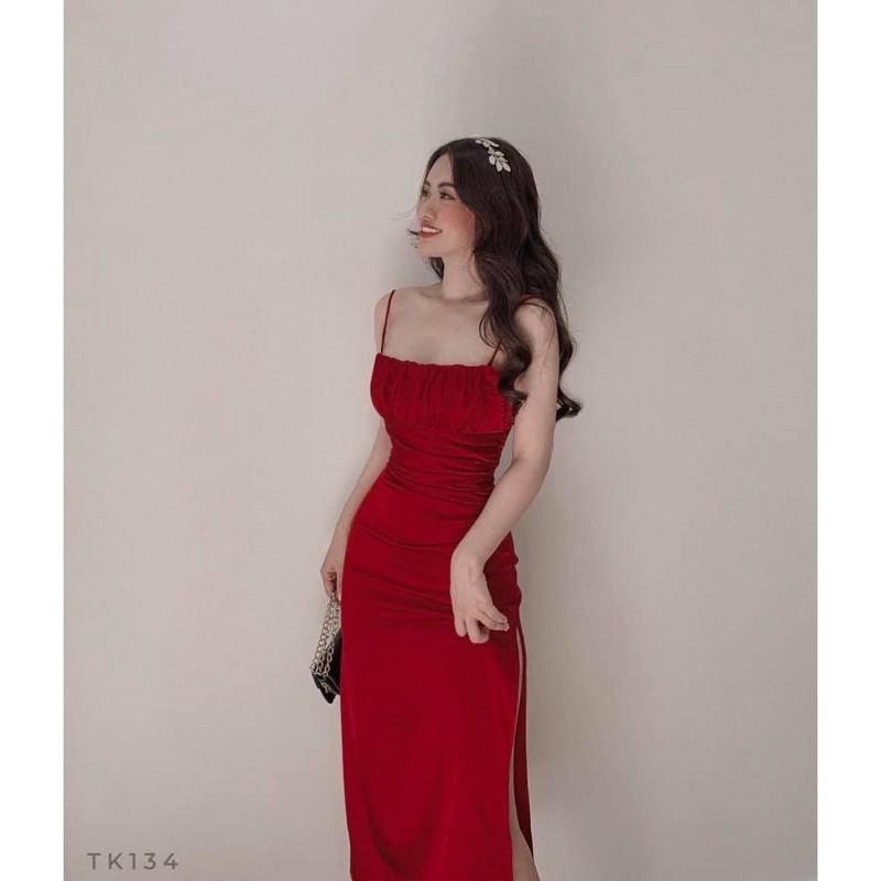 Đầm Nana dài 2 dây xẻ tà hong