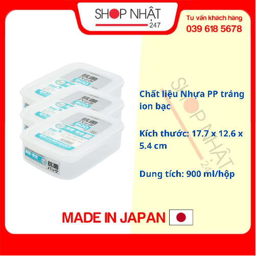 Bộ 3 hộp đựng thực phẩm tươi sống kháng khuẩn kháng mốc 900ml Nội địa Nhật Bản