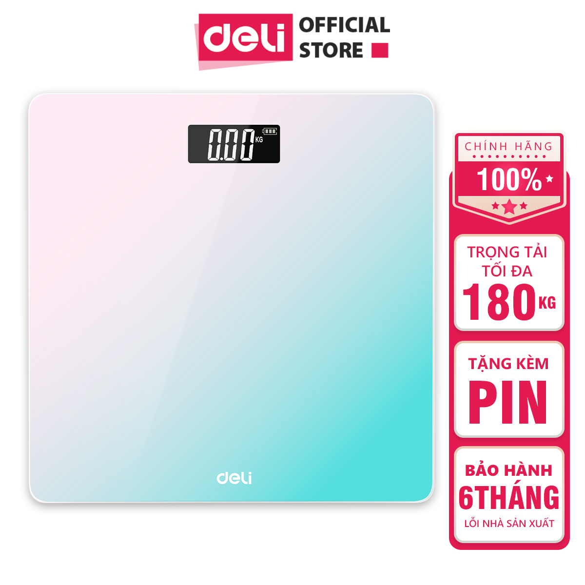 Cân Điện Tử Sức Khoẻ Thông Minh Mặt Vuông Kính Cường Lực Chịu Lực 180Kg Deli - Phù Hợp Gia Đình Trường Học - Nhiều Màu Sắc - Hàng Chính Hãng - E86120 - Xanh Ombre