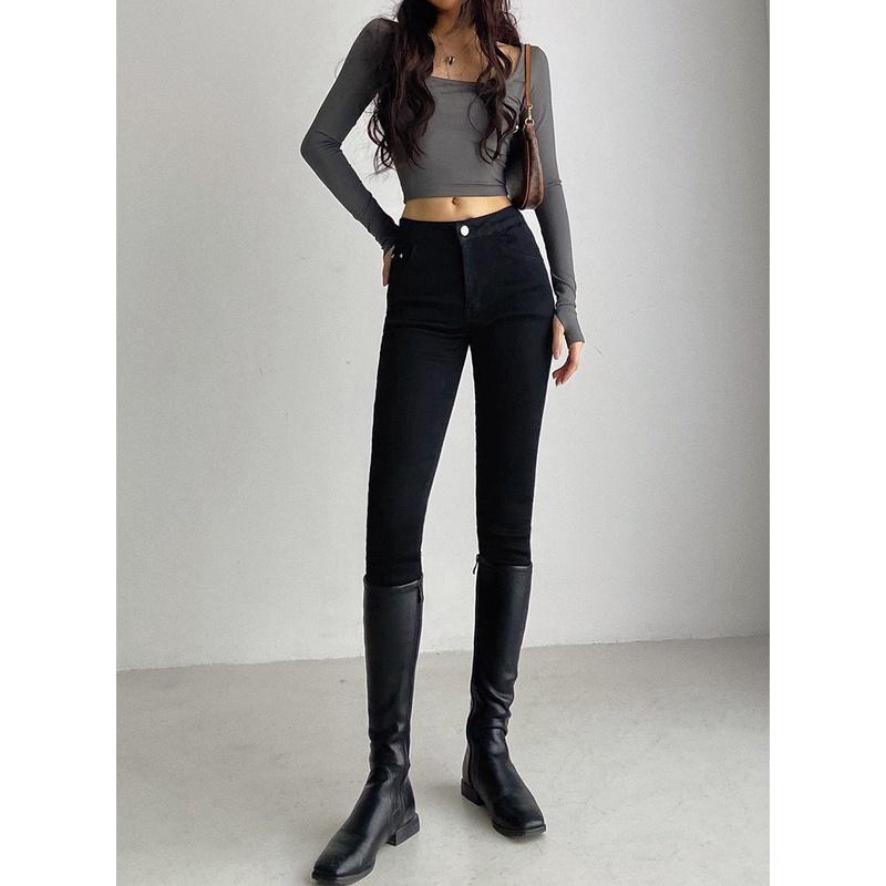 Quần jean nữ lưng cao co giãn dáng ôm có túi CHERRY, quần bò nữ cạp cao ôm bigsize trơn dài basic T022