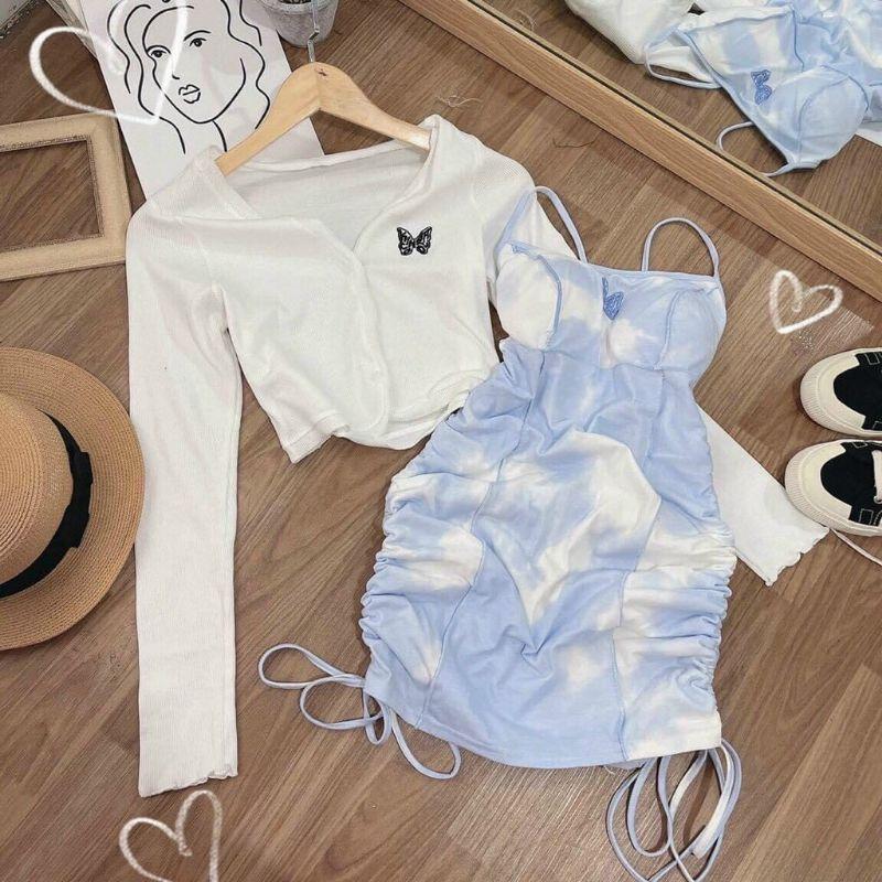 Set đầm body 2 dây kèm áo khoác cardigan xinh xắn