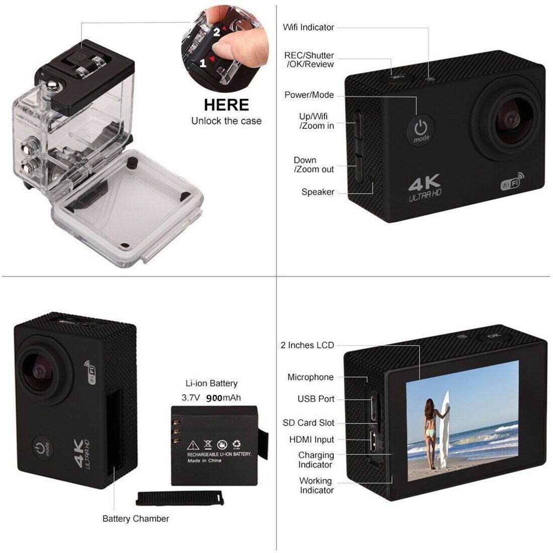 Camera hành động 4K 16MP Wifi 1080P 4K Ultra HD Camera hành động thể thao Máy quay phim chống nước dưới nước 30M có phụ kiện