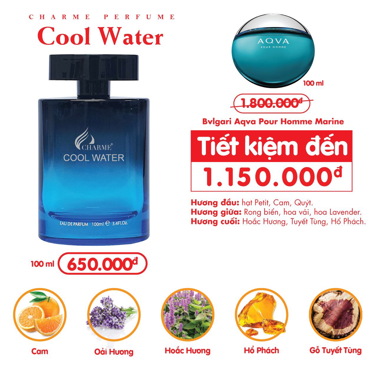 Nước Hoa Nam Charme Cool Water 100ml phong cách Sang trọng, lịch lãm, tươi mát.