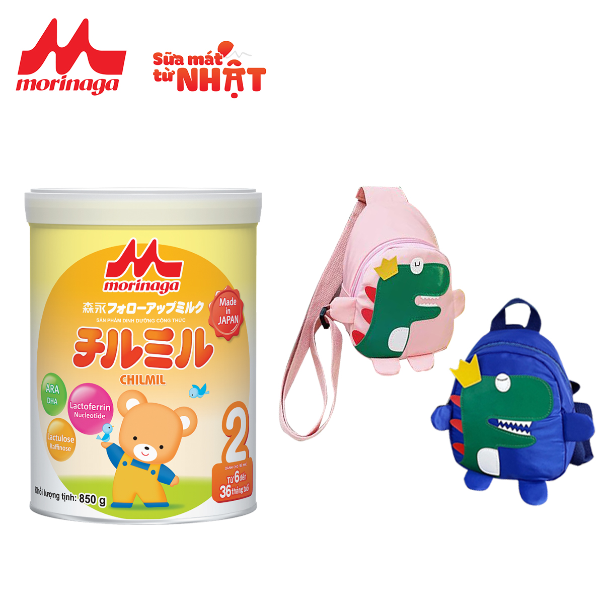 Combo 1 lon sữa Morinaga số 2 Chilmil 850gr + 1 túi đeo cho bé