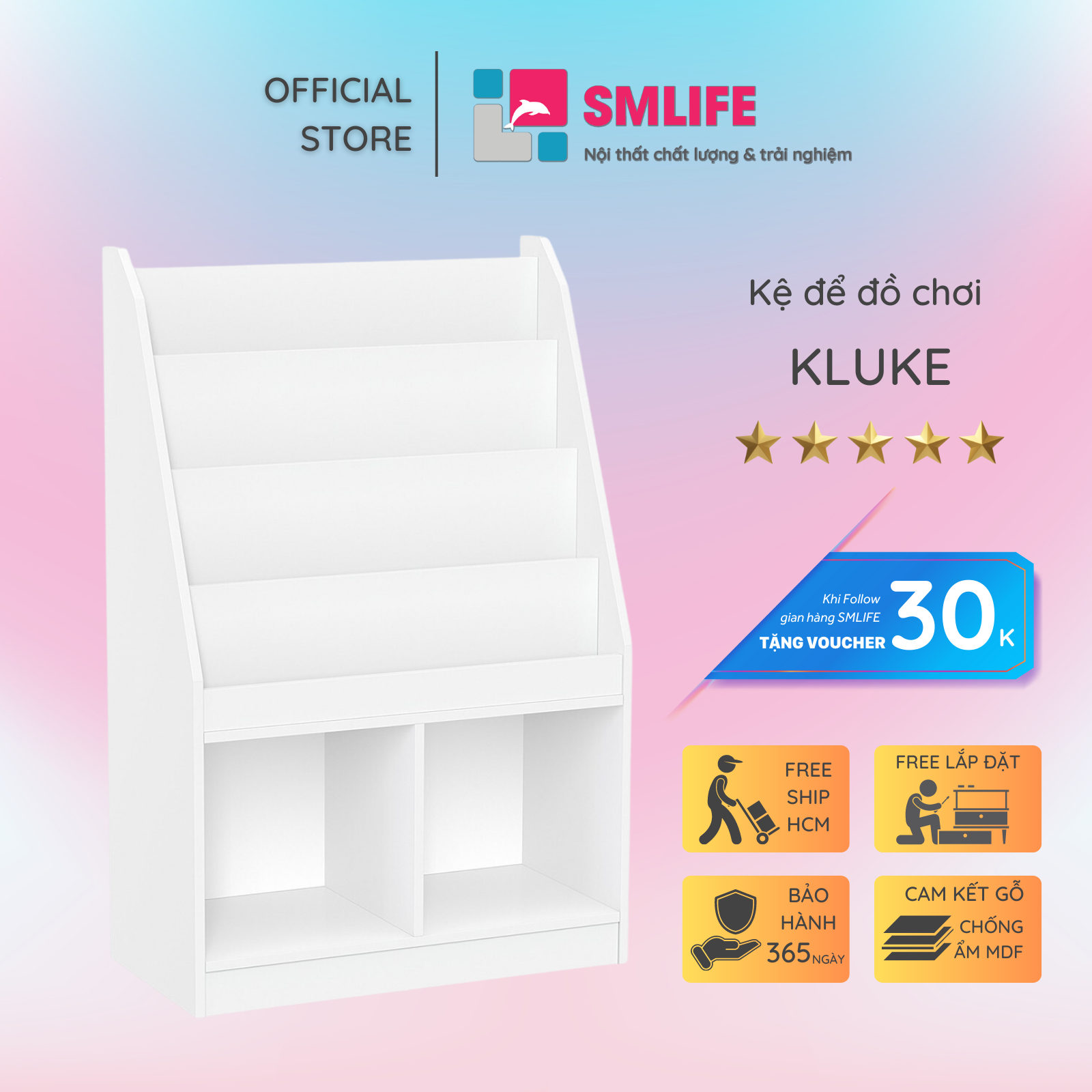 Kệ để đồ chơi cho bé SMLIFE Kluke | Gỗ MDF dày 17mm chống ẩm | D60xR30xC92cm