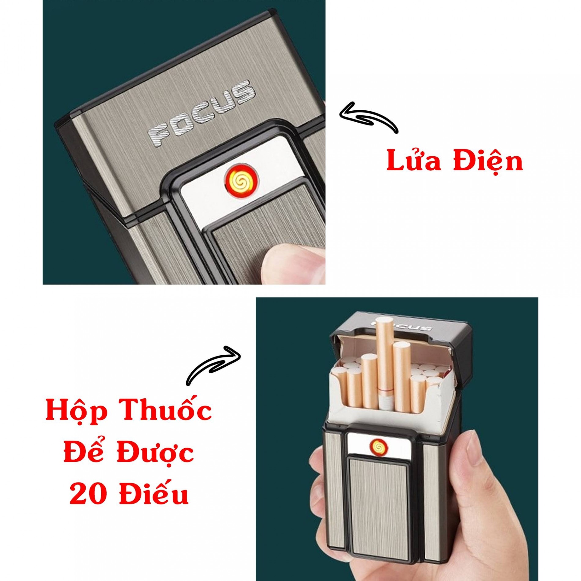 Hộp quẹt bật lửa điện - hộp thuốc focus 2in1 -