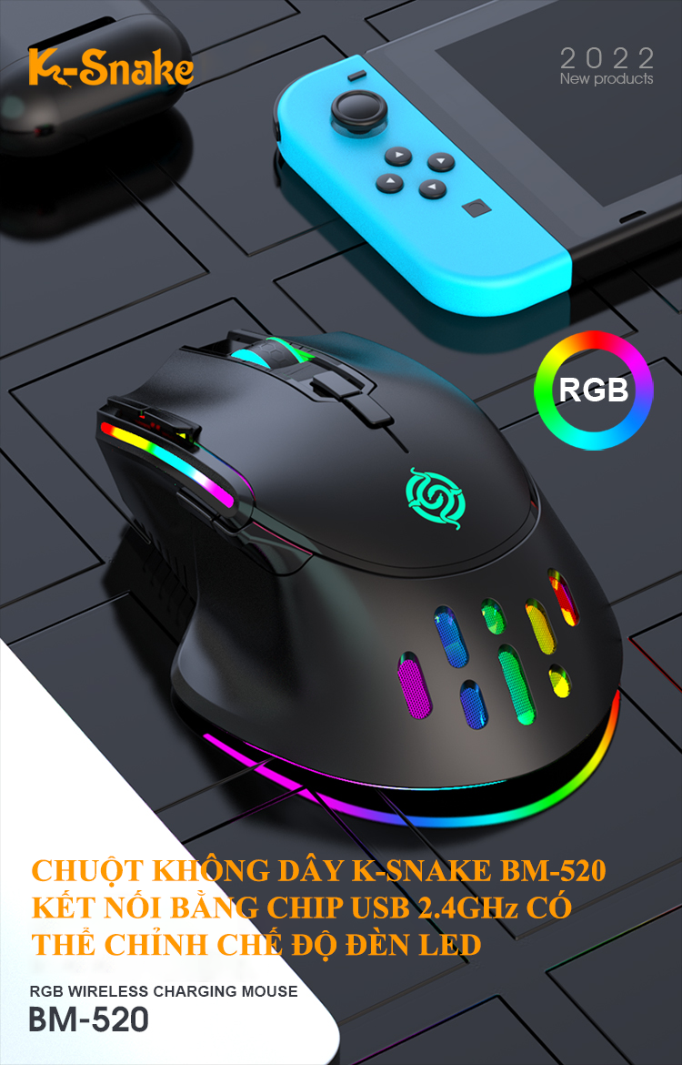 Chuột không dây K-snake BM-520 kết nối bằng chip USB 2.4GHz có đèn led RGB nhiều chế độ màu và độ DPI lên đến 3200DPI - Hàng Chính Hãng