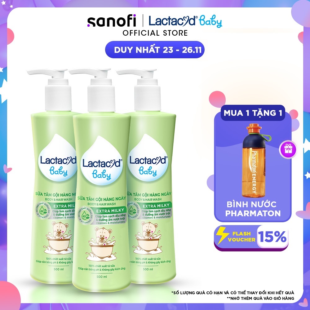 Bộ 3 chai Sữa Tắm Gội Trẻ Em Lactacyd Baby Extra Milky Làm Sạch Dịu Nhẹ và Dưỡng Ẩm Vượt Trội 500ml/chai