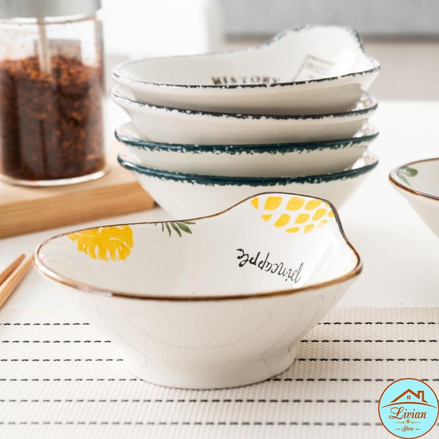 Bát gia vị ,bát ăn dặm bằng sứ có tay cầm họa tiết củ lạc, dứa, Stamp và hình lá xanh- KÈM ẢNH THẬT-HÀNG CÓ SẴN