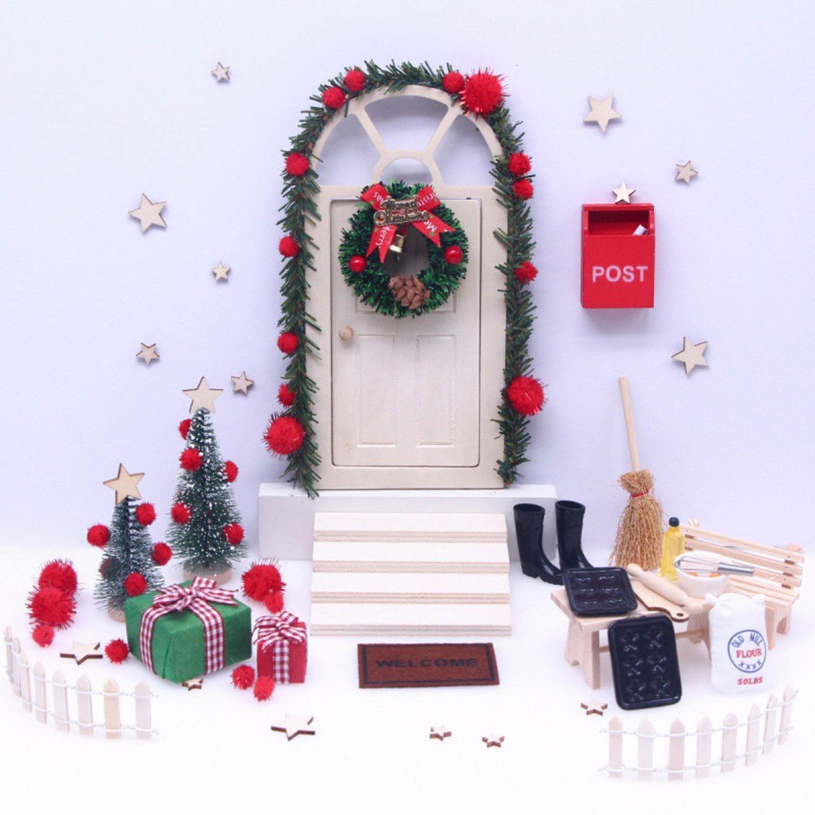 27Pcs Tiny Fairy Wooden Doors Xmas Miniature Decorations, 1:12 Doll House Scene Props for Railroad Architectural