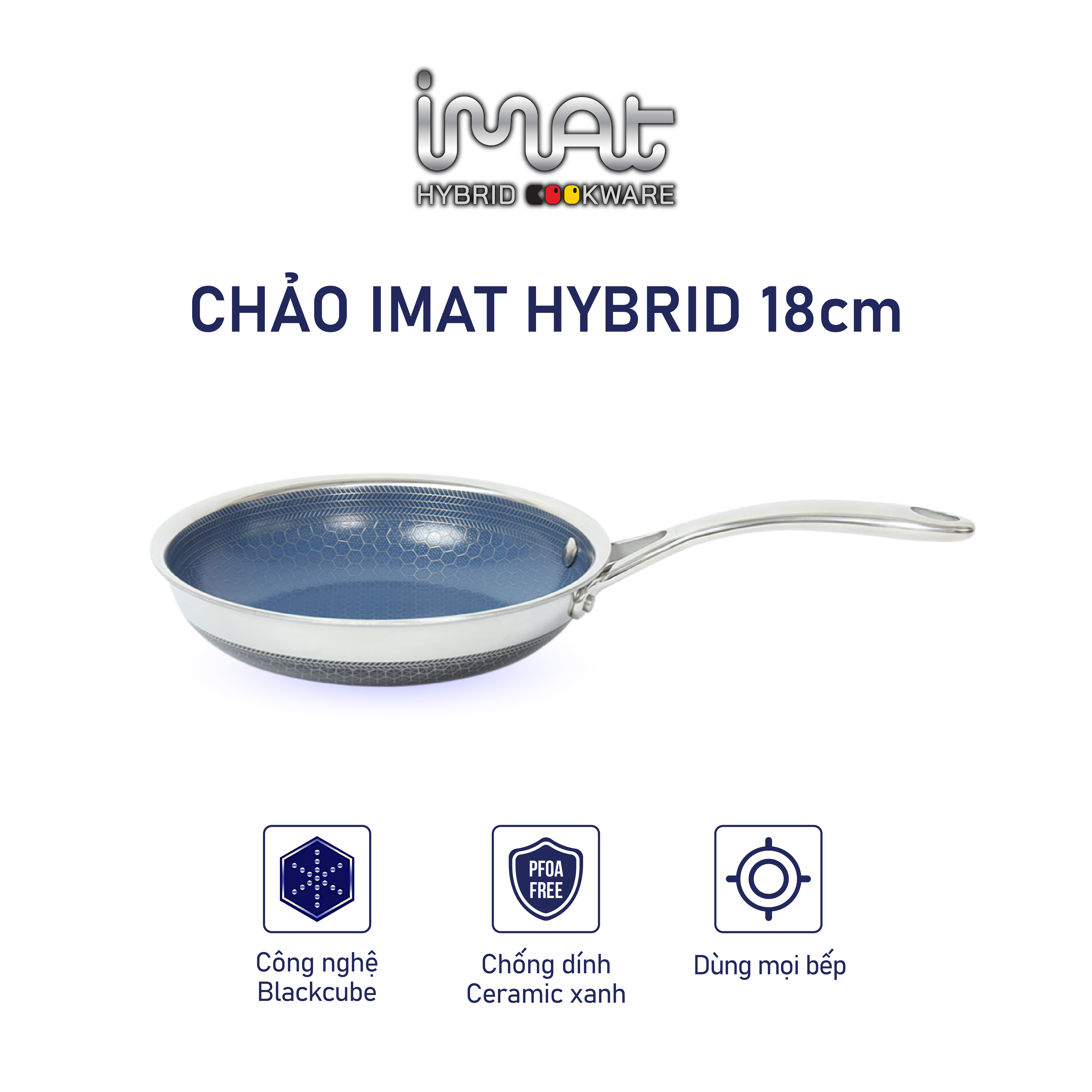 [Hàng chính hãng] Chảo chiên/ rán iMAT Hybrid Blackcube chống dính Ceramic lòng xanh mới size 22cm