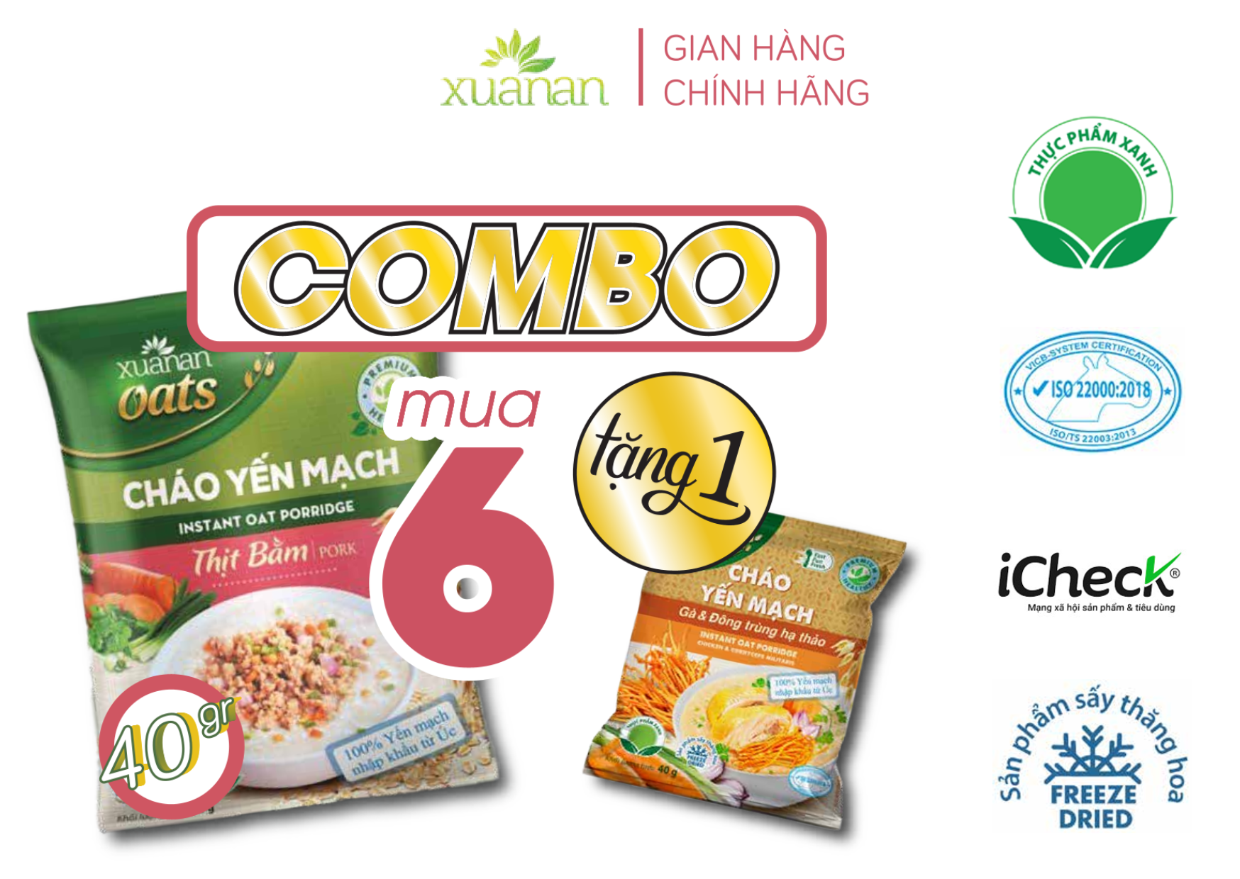 Combo 6 Gói Cháo Yến Mạch Thịt Heo Bằm Xuân An 40G
