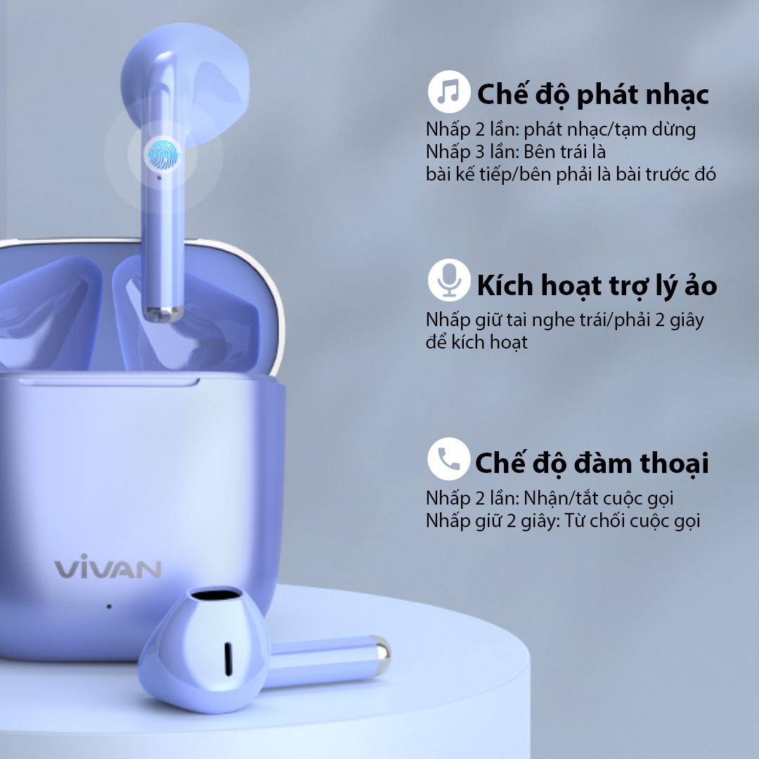 Tai Nghe Không Dây Bluetooth TWS VIVAN T220 Màng Loa Cao Cấp Bluetooth 5.1 Thời Gian Nghe Nhạc Lâu - HÀNG CHÍNH HÃNG