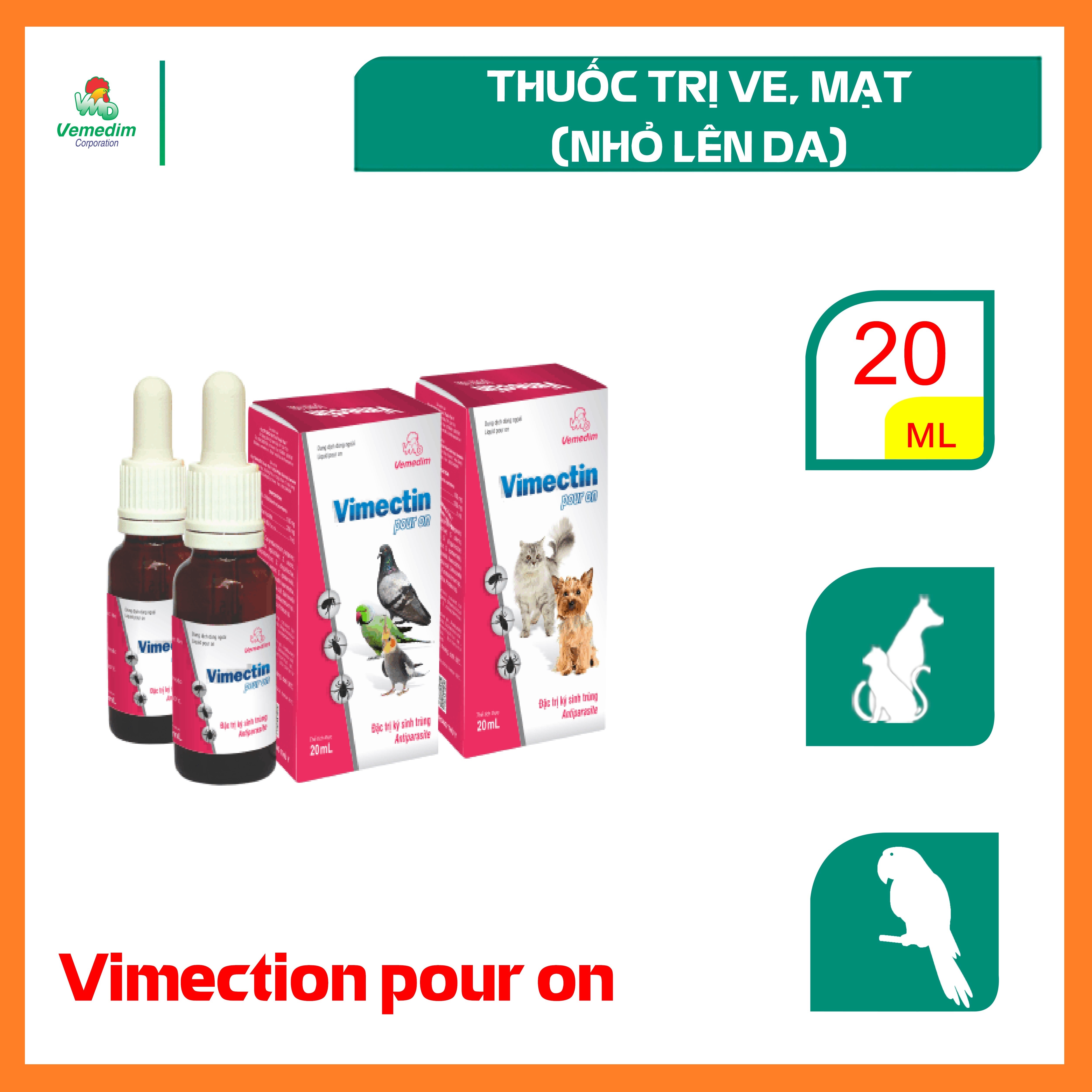 Thuốc Nhỏ Lưng Cho Chó Mèo, Trị Ve, Rận, Bọ Chét, Chó Mèo, Trị Mạt Gà, Chim Cảnh Vemedim Ivermectin Pouron (20ml)