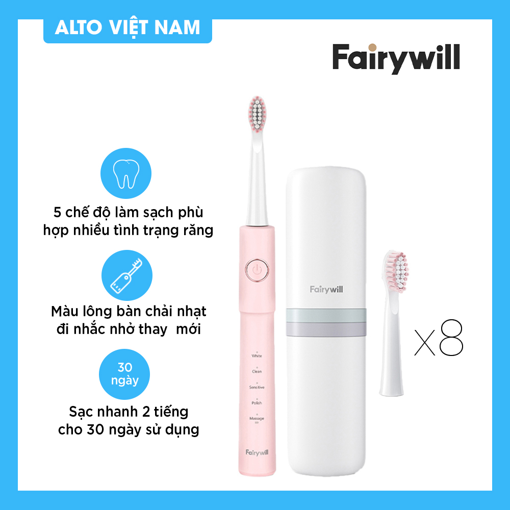 Bàn chải đánh răng điện FAIRYWILL E11 Bản Màu Hồng Công nghệ làm sạch bằng sóng siêu âm Tặng kèm 8 đầu bàn chải Hàng Chính Hãng