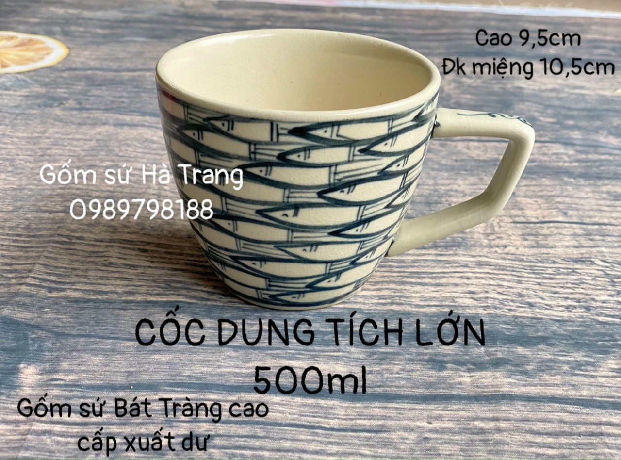 Cốc sứ Bát Tràng cao cấp không chì men rạn vẽ hoạ tiết cá đàn dung tích lớn 500ml hàng xuất dư cao cấp