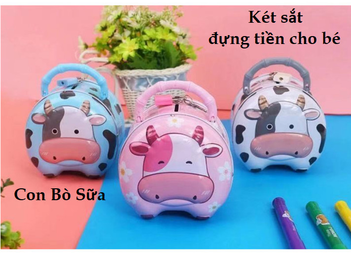 Ống heo tiết kiệm tiền hình con bò sữa, Két sắt mini đựng tiền có khóa siêu yêu, đẹp mắt BB53-KS-BoSua