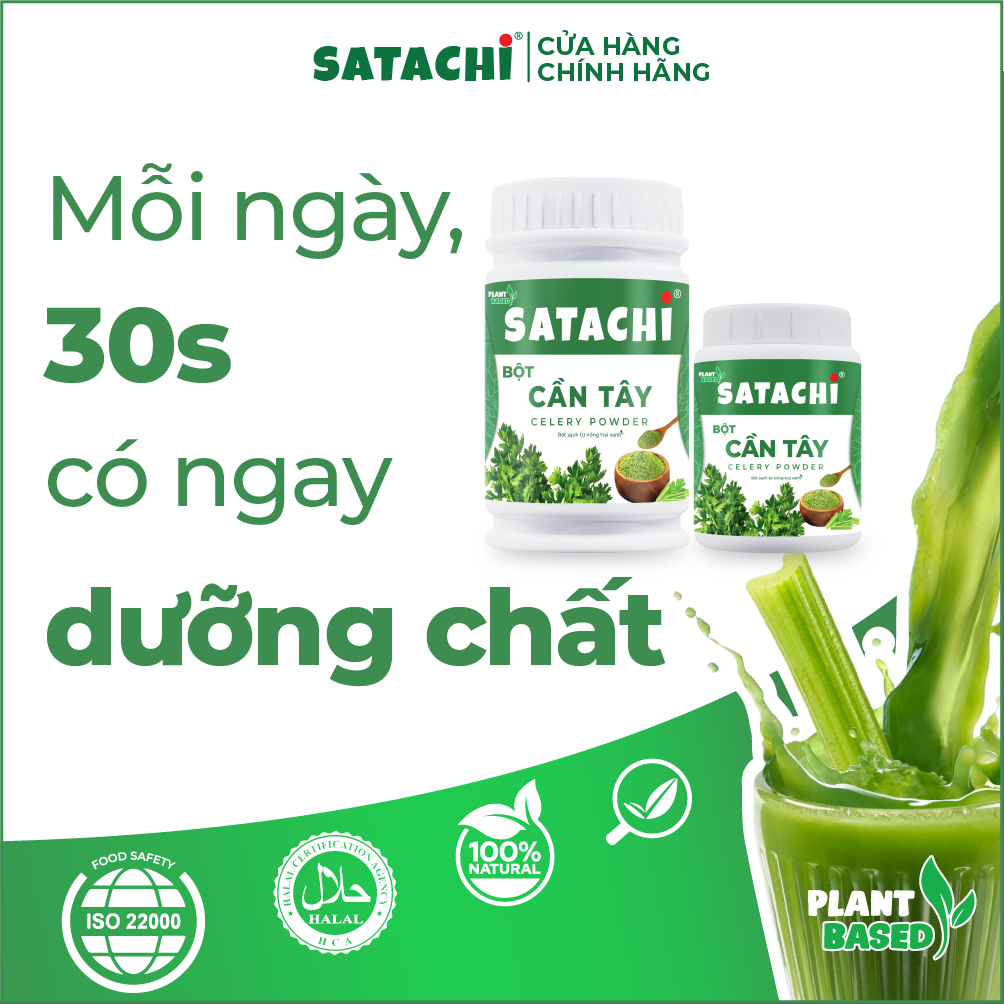 Bột Cần Tây nguyên chất SATACHI. Giảm huyết áp, tim mạch khỏe mạnh, giảm cân hiệu quả, thanh lọc cơ thể. Hộp 98g