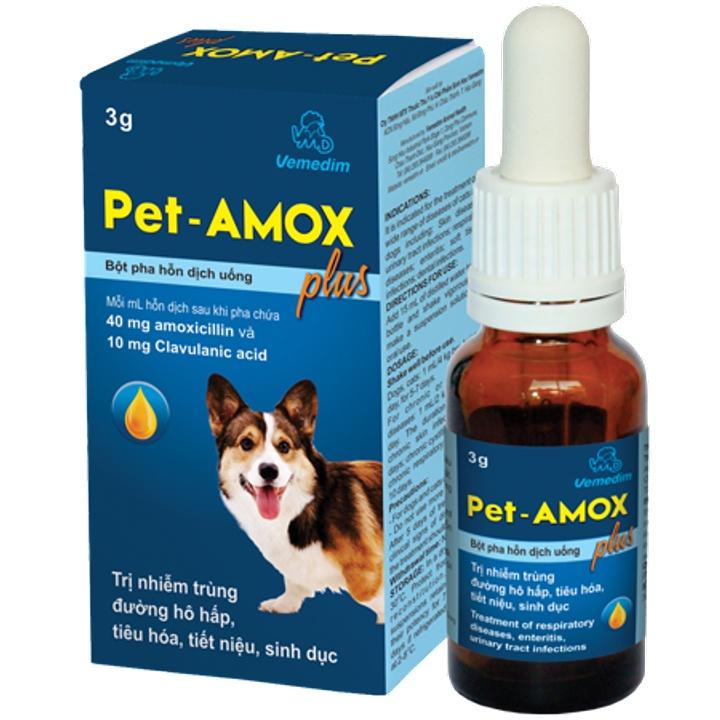 Pet amox plus tốt cho tiêu hoá, hô hấp, viêm da, nhiễm trùng trên chó mèo . lọ bột 3g pha huyễn dịch uống