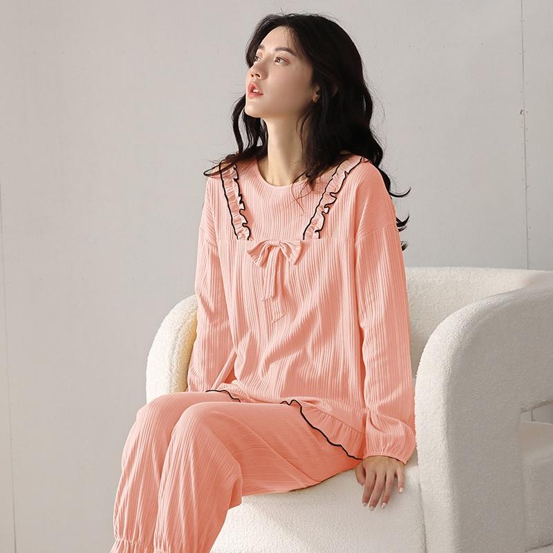 Đồ bộ Thu Đông nữ mới nhất, vải cotton 100% mềm mại thoáng khí, màu hồng tôn da, họa tiết và thiết kế độc