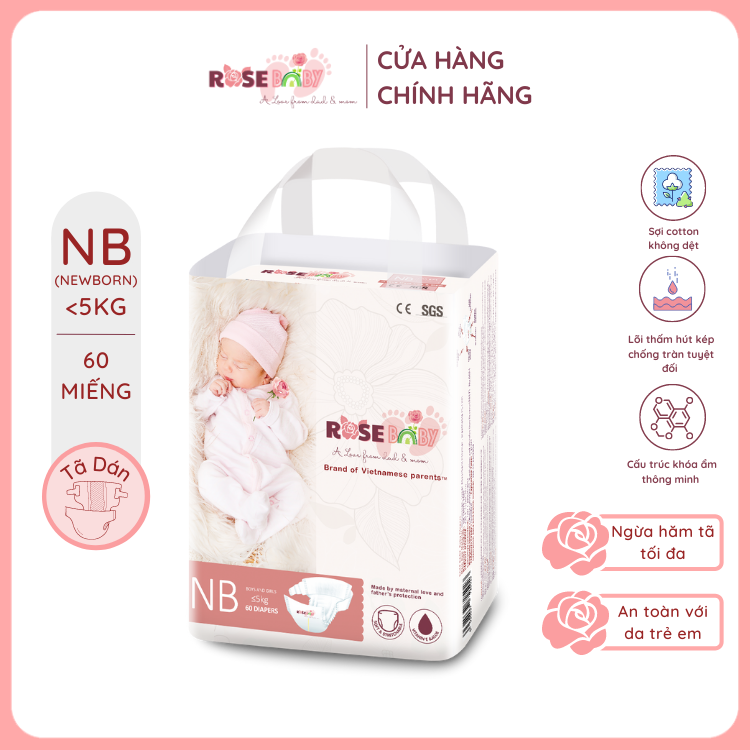 Bỉm tã dán ROSE BABY NB 60 miếng (&lt;5kg)