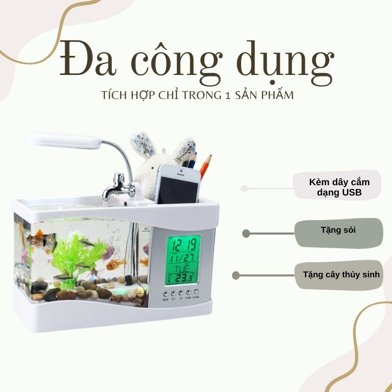 Hình ảnh Bể Cá Mini Để Bàn Làm Việc 3 in 1 Kiêm Đồng Hồ  Siêu Dễ Thương Hàng Loại 1 - Chính Hãng MINIIN + Tặng sỏi trang trí bể cá,sỏi biển đủ kích thước - Màu Ngẫu Nhiên