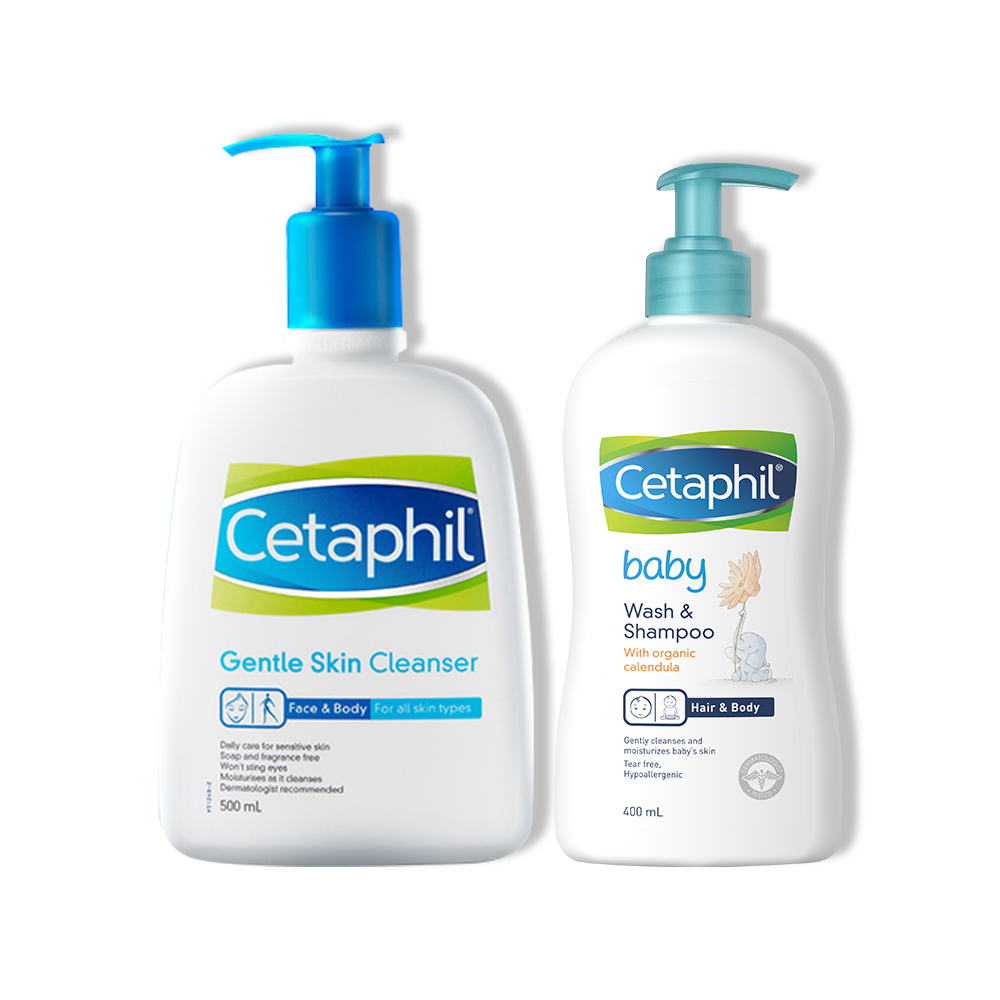 Combo mẹ và bé Sữa rửa mặt làm sạch dịu nhẹ không xà phòng Cetaphil Gentle Skin Cleanser 500ml + Sữa tắm gội dịu nhẹ cho bé Cetaphil Baby Wash & Shampoo with Organic Calendula 400ml