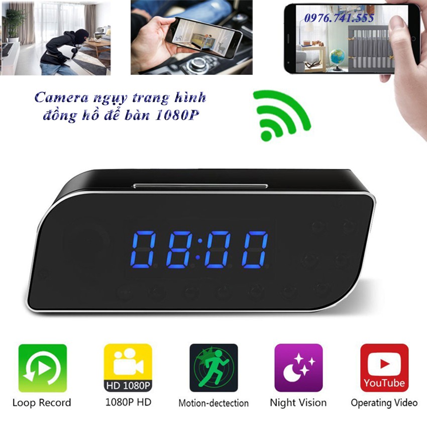 Đồng hồ để bàn cao cấp Fullhd 1080p WiFi góc rộng 170 độ cảnh báo chuyển động tầm nhìn ban đêm - Camera WiFi theo dõi trực tiếp trên điện thoại