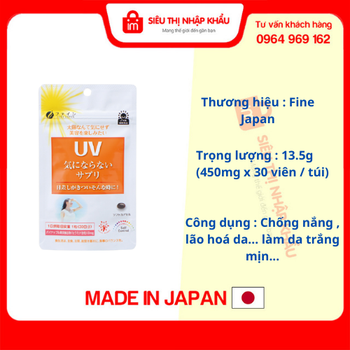 Viên uống chống nắng UV Fine Japan Nhật Bản, chống nắng toàn diện, giảm thâm nám, 30 viên/túi