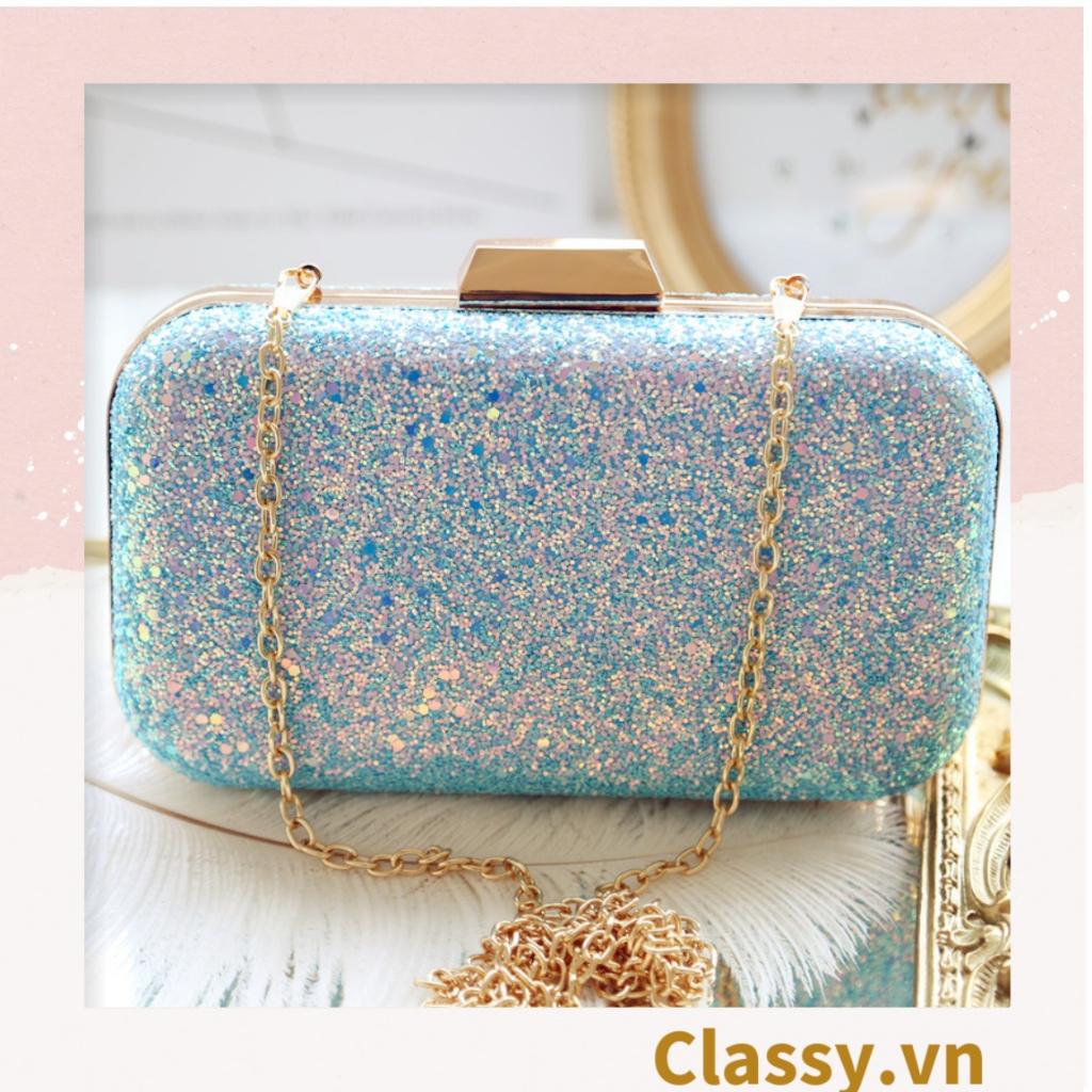 Clutch Classy cầm tay đi tiệc hình thoi , đính kim tuyến lấp lánh T590