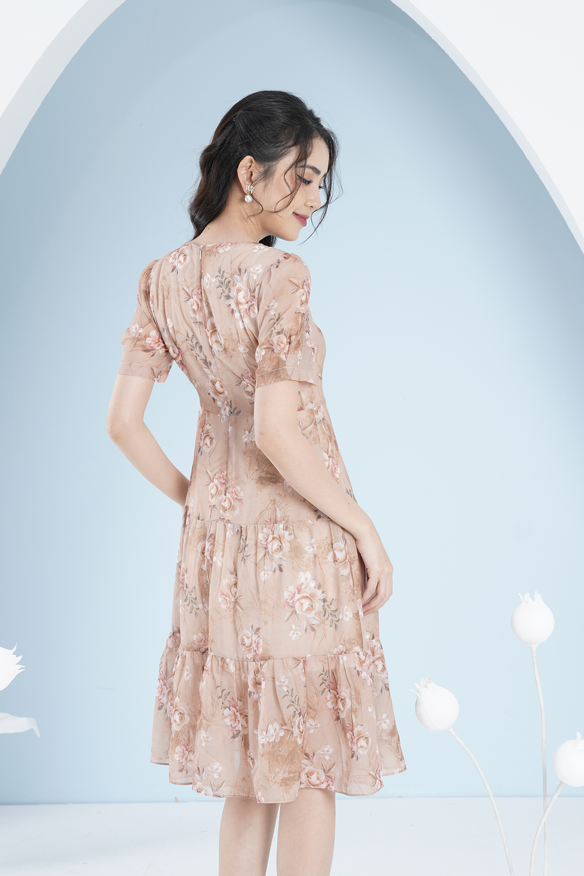 Đầm Maxi Tơ Hoa Luperi LFV3289 xếp tầng dài qua gối may 2 lớp lót tinh tế