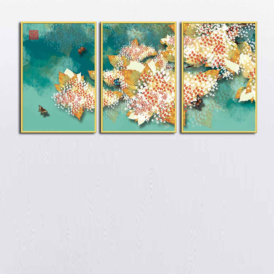 Bộ 3 tranh canvas treo tường Decor Họa tiết hoa lá cách điệu, phong cách tân cổ điển - DC034