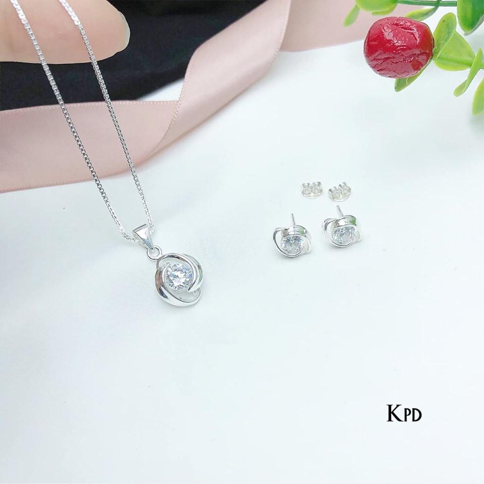Sét phụ kiện trang sức trẻ trung bằng bạc nguyên chất cho nữ gồm bông khuyên tai và dây chuyền vòng cổ,Vàng bạc an chi