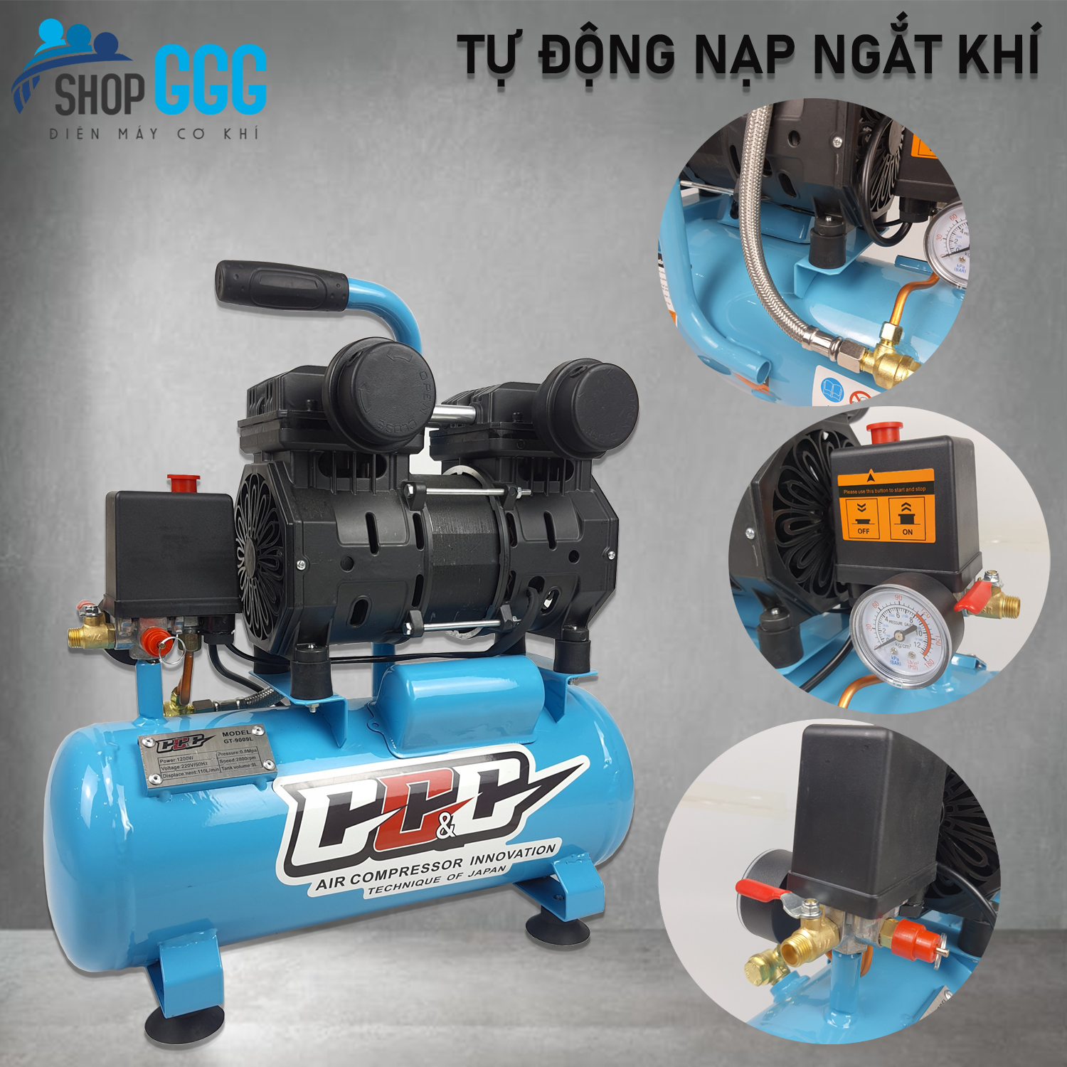 Máy nén khí | Máy bơm hơi | Máy nén hơi không dầu 9L 1200w - Nén 8kg, tự động nạp ngắt khí, tốc độ nạp khí siêu nhanh - Tặng đầu nối nhanh