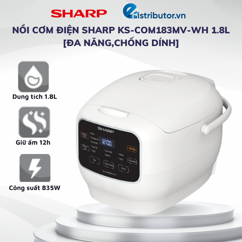 Nồi cơm điện tử, nắp gài Đa Năng Chống Dính Sharp KS-COM183MV-WH 1.8L - Hàng chính hãng - Bảo hành 12 tháng