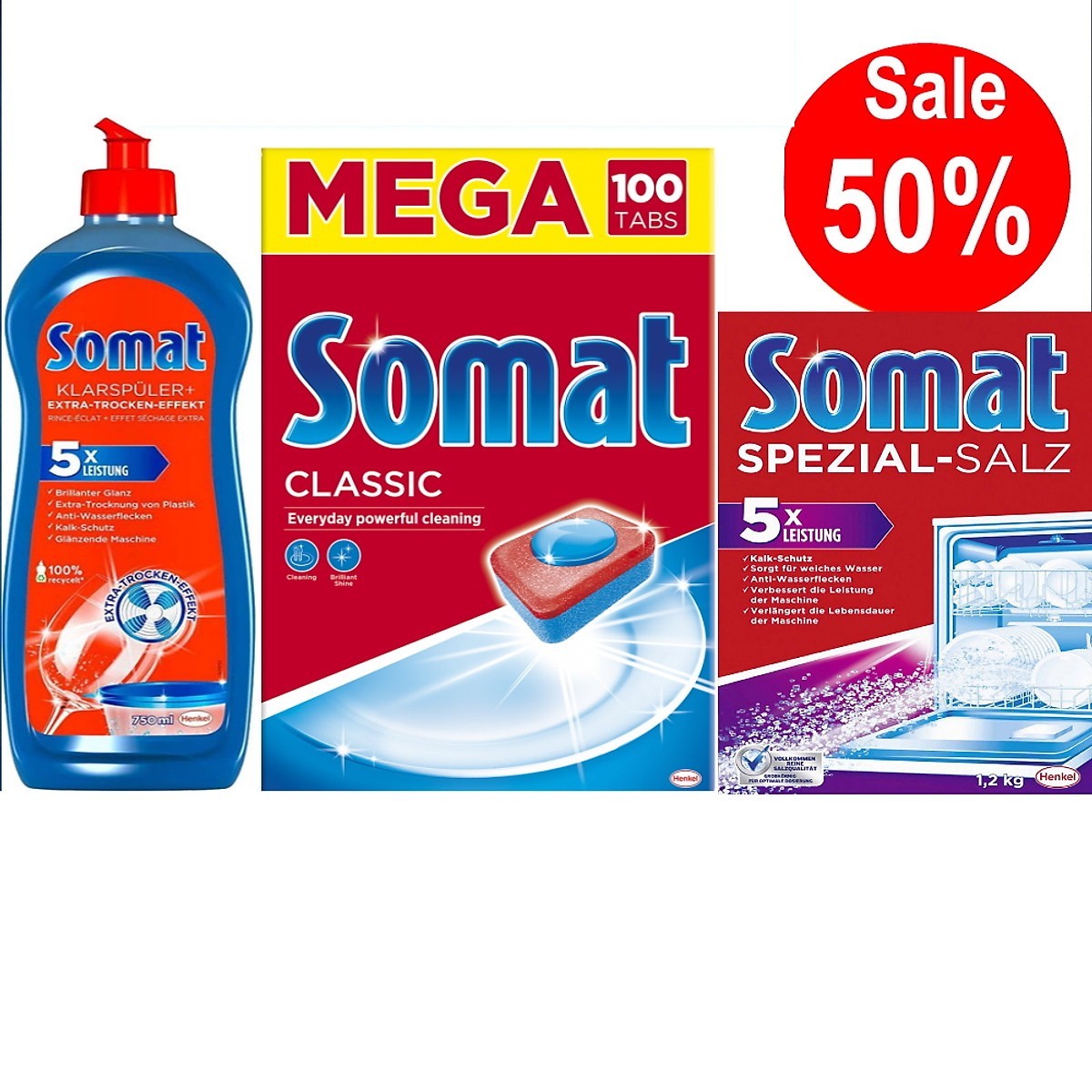 Combo 100 viên rửa bát somat + muối rửa bát somat 1.2kg + Nước làm bóng chén bát somat 750ml chính hãng