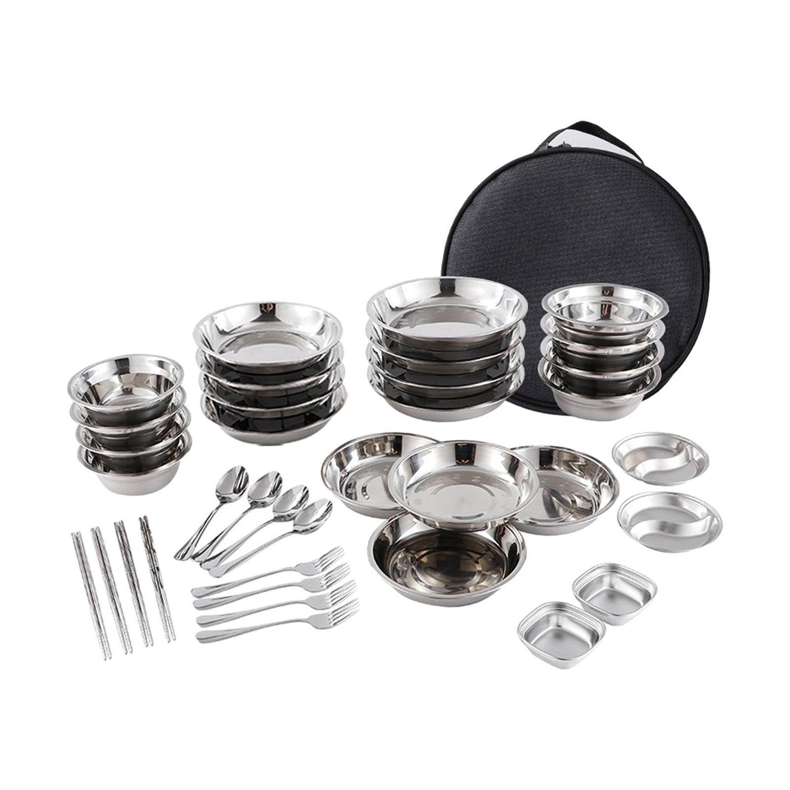 Stainless Steel Plates and Bowls Camping Set Durable for Family Travel Party