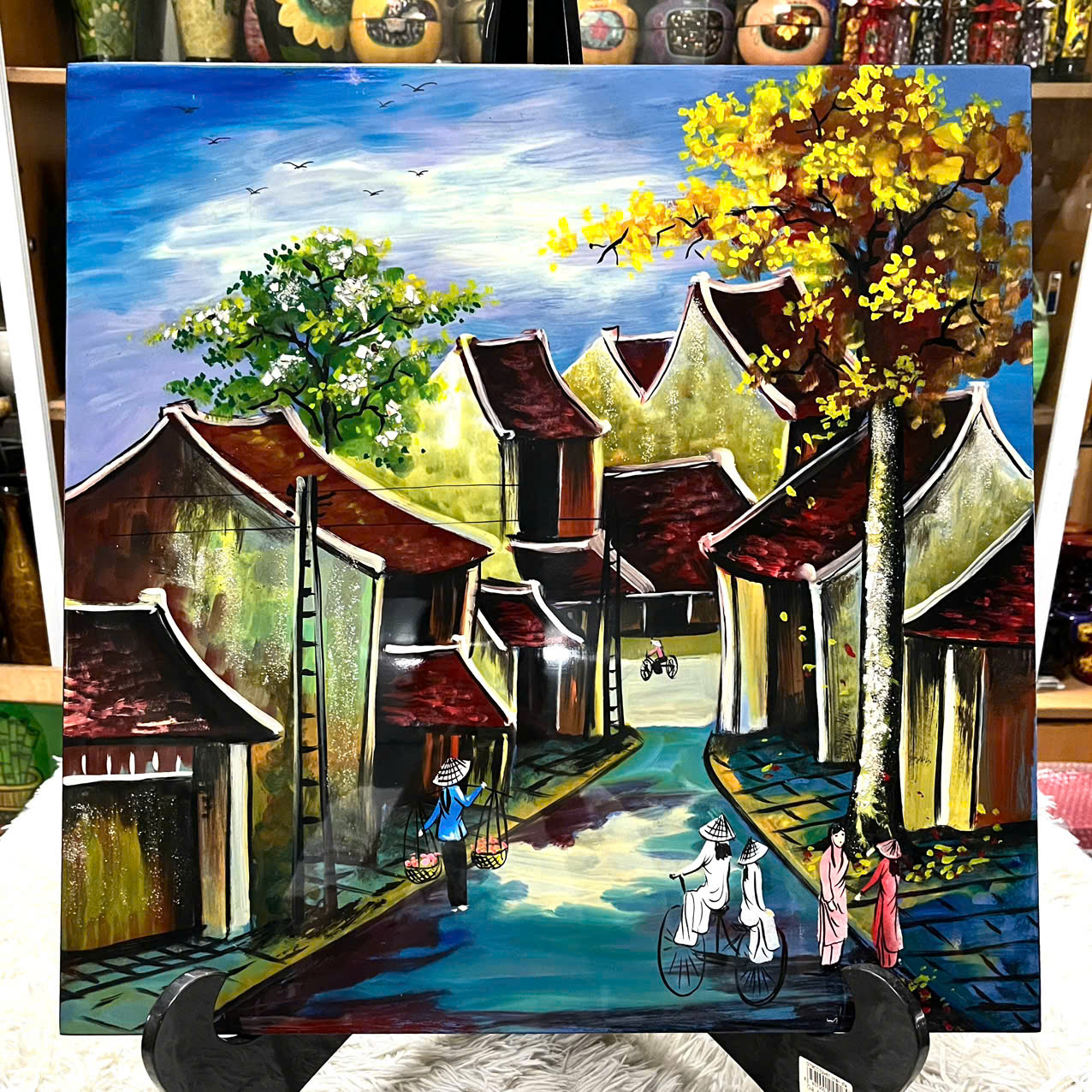 Tranh sơn mài phố cổ vẽ màu cẩn trứng đẹp , hàng xuất khẩu 50x50 cm