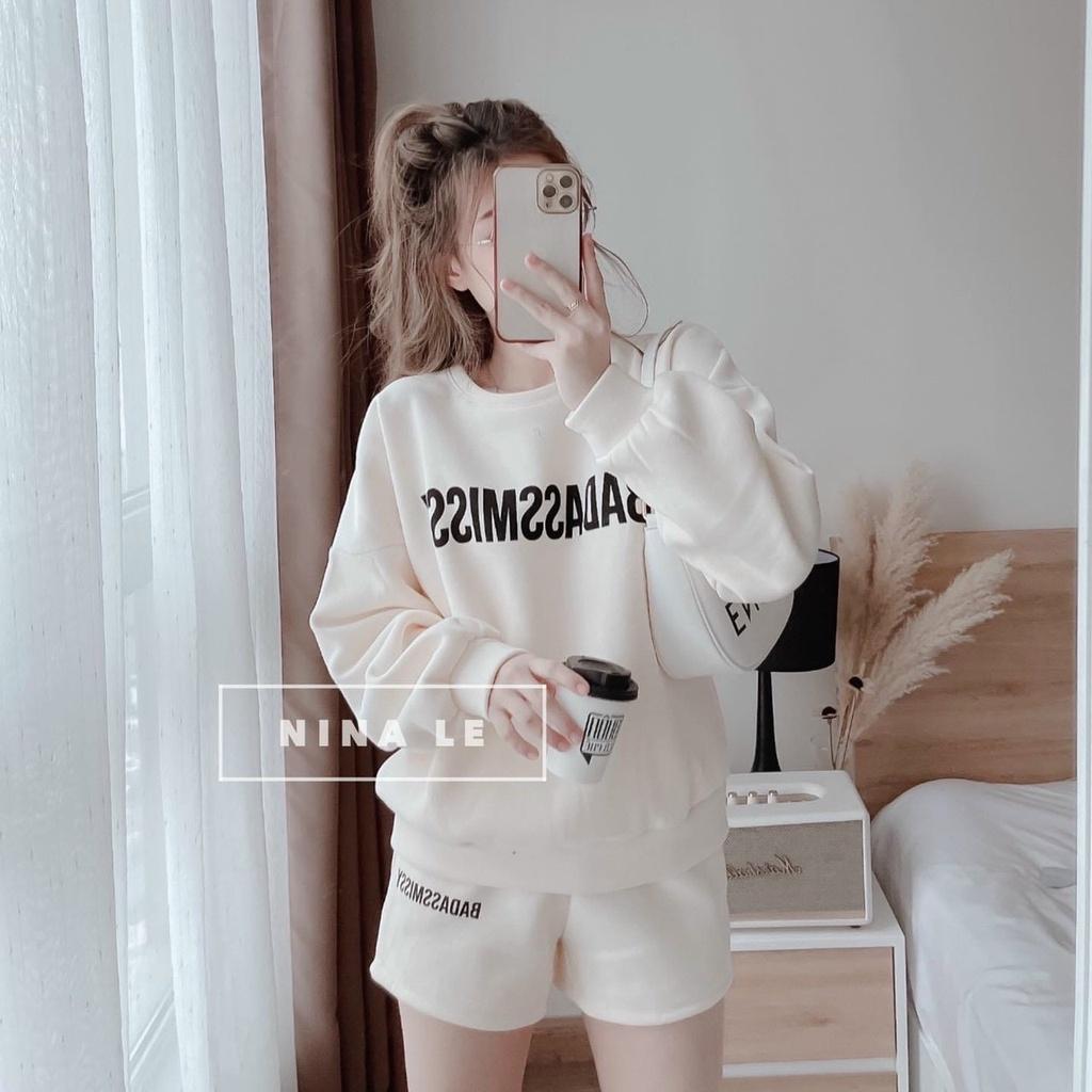 Sét bộ nỉ bông nữ áo tay dài in họa tiết chữ phối quần short xinh xắn, trẻ trung phù hợp cho nàng dạo phố siêu sang