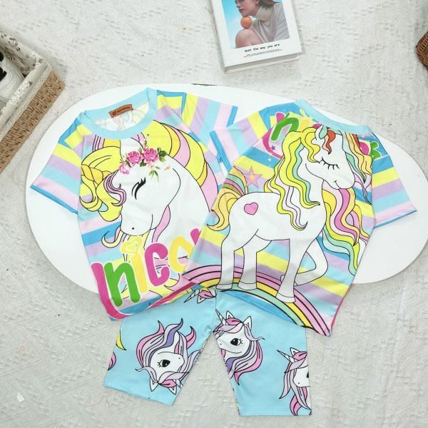 Đồ bộ bé gái mùa hè thun lạnh mát mềm loại 1 in Hoạt hình 3D dễ thương cho bé gái 17-29kg, Bộ ngố lửng bé gái