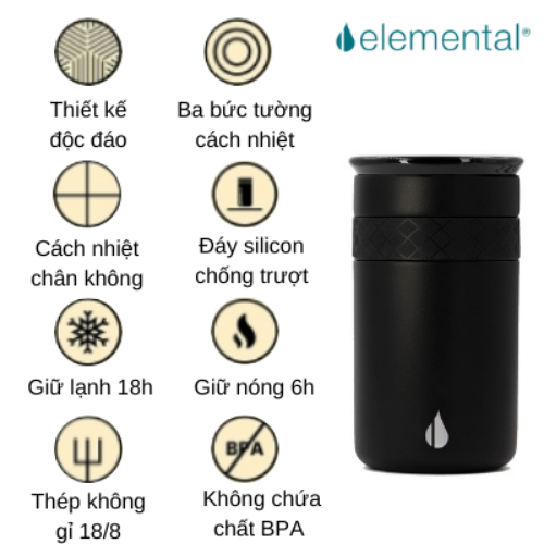 LY GIỮ NHIỆT ELEMENTAL MÀU ĐEN , ĐẠT CHUẨN FDA HOA KỲ, THÉP 304 KHÔNG GỈ, GIỮ NÓNG LẠNH