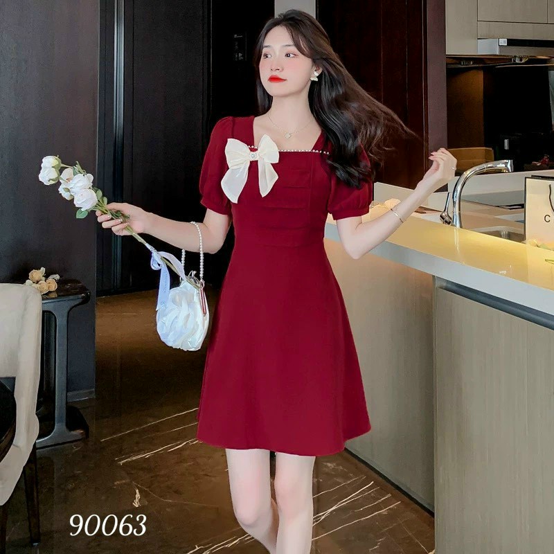 Đầm váy nữ dự tiệc đám cưới trẻ trung dịp noel lễ tết sắc đỏ đen đính nơ