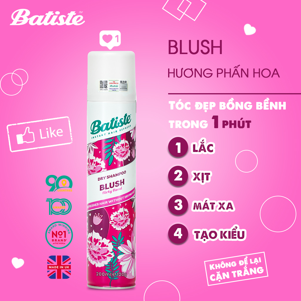 Dầu Gội Khô Batiste Hương Hoa Quyến Rũ - Batiste Dry Shampoo Floral &amp; Flirty Blush 200ml