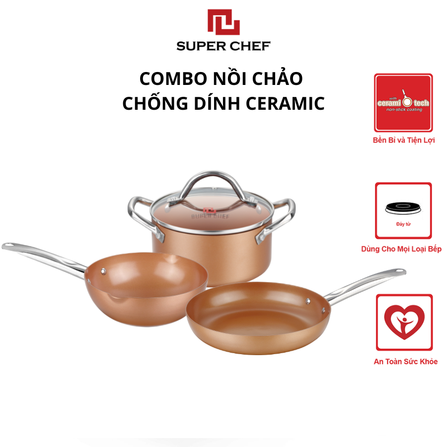 Combo Nồi Chảo Chống Dính Super Chef Đáy Từ Cao Cấp, An Toàn, Bền Bỉ Size NCS24